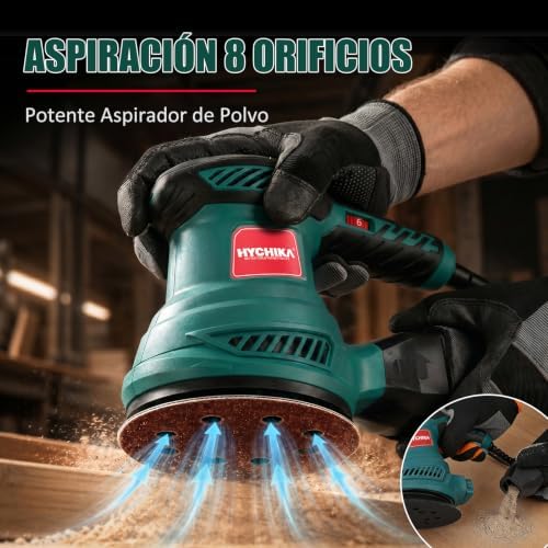 Lixadeira orbital 300w, lixadeira rotorbital hychika com motor de cobre puro, 6 velocidades, 13000rpm, lixa 12pcs 125 mm (grão 240/120/80), com bolso de coleta lavável, para madeira e metal