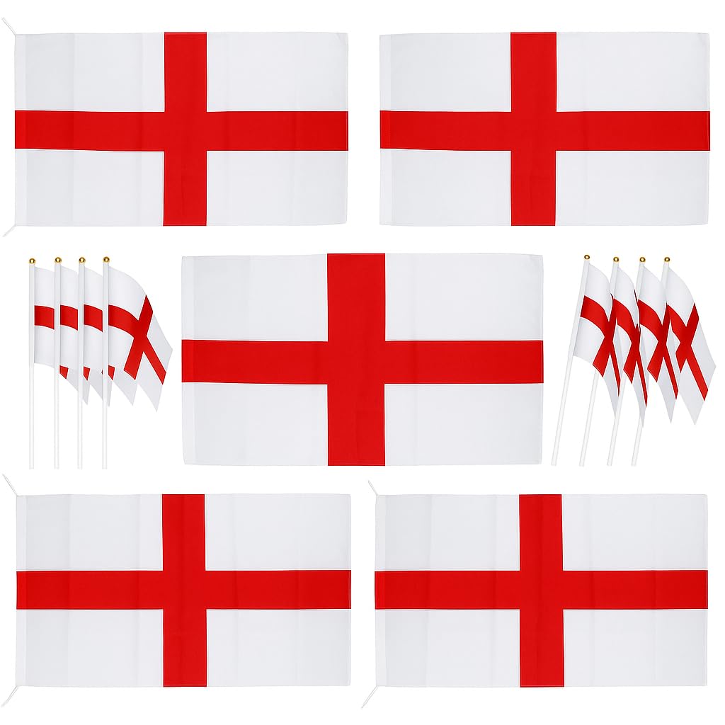 England Football Decorations X5 St George England Flags with String 76cm x 50cm PLUS x8 St George Plastic Hand Flags with Sticks 12” x 8”