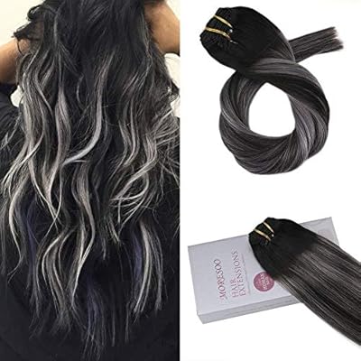 Moresoo 16 Inch Clip In Human Hair Extensions Balayage Black Hair