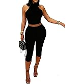 ENOPINK 2 Piece Outfits for Women Sexy Backless Halter Bodycon Capri Pants Sets Sleeveless Tank Crop Top Casual Tracksuit Black L