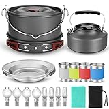 Odoland 22pcs Camping Cookware Mess Kit, Large Size Pot Pan Kettle with 4 Cups, 4 Dishes, Fork Knife Spoon Kit for Backpacking, Outdoor Camping Hiking and Picnic