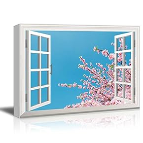 Canvas Print Wall Art - Window Frame Style Wall Art - Cherry Blossom and Clear Blue Sky in Spring | Giclee Print Gallery Wrap Modern Home Decor. Stretched & Ready to Hang - 24" x 36"