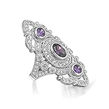 Bling Jewelry Simulated Amethyst CZ Vintage Style Three Stone Armor Ring Rhodium Plated