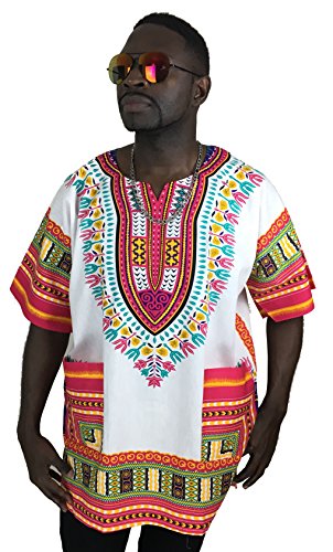 Vipada's Dashiki Shirt African Top Men's Dashiki White and Rasberry L