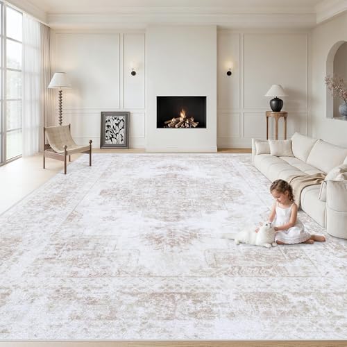XLUEZ Area Rug 8x10 Living Room Rug, Machine Washable Vintage Distressed Medallion Rug Non-Slip Soft Low Pile Large Indoor Rugs for Bedroom Dining Room Office Children's Room (Beige,8'x10')