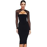 Maketina Women Midi Length Cut Out Keyhole Party Bodycon Bandage Dress with Transparent Long Sleeves