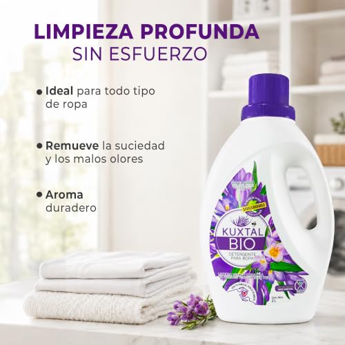 KUXTAL Detergente Líquido para Ropa, Fórmula con Ingredientes Naturales, Para Lavadora y Lavado a Mano, Apto para Piel Sensible, Aroma Floral, Biodegradable OECD 301-A, 2 Piezas