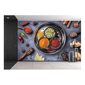 Various Spices Like Turmeric, Cardamom, Chili, Bayberry, Bay Leaf, Paprika, Ginger - Removable Wall Mural | Self-Adhesive Large Wallpaper - 66x96 inches