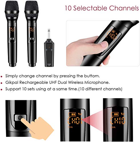 K380S Karaoke Wireless Microphone - GIKPAL Professional UHF Cordless Dual Handheld Rechargeable Microphones with Receiver 6.35mm(1/4'') Plug Dynamic Mic System Set for Karaoke,Voice Amplifier (Black) - Thumbnail 4