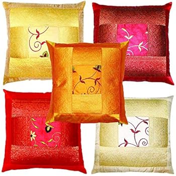 Indian Ethnic Hand Embroidery Decorative Silk Pillow Cushion Cover Set of 5 Pcs Size 16 X 16 Inches