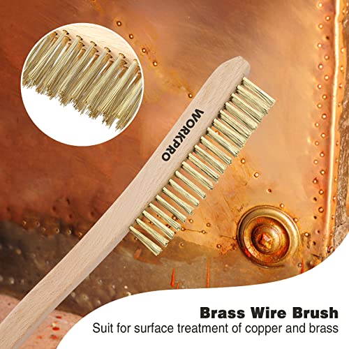 WORKPRO Wire Brush Set, 4Pcs Brass/Stainless/Carbon Steel Bristles Wire Scratch Brushes with Long Curved Beechwood Handle for Rust, Dirt & Paint Scrubbing with Deep Cleaning