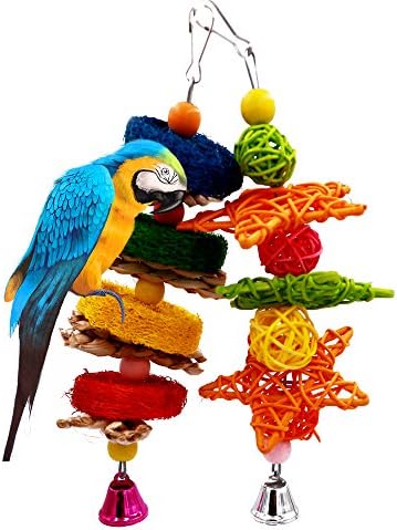 Borange Parrot Toy Bird Chew Hanging Toys Colorful Rattan Ball &amp; Star Cage Loofah Sponge Plant Fibre for Pet Birds Conure Macaw Cockatiel Cockatoo Decorative Accessories (Pack of 2)