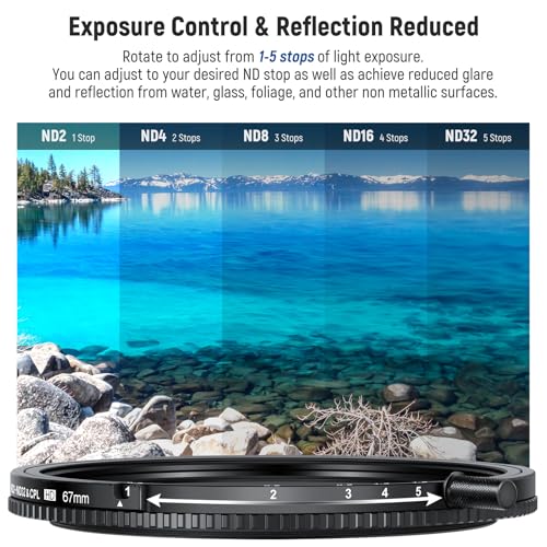 NEEWER 67mm True Colors Variable ND Filter ND2-ND32 & CPL, 2 in 1 Adjustable Neutral Density and Circular Polarizing Filter, Multi Coated HD Optical Glass/Aluminum Frame