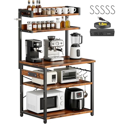 LOKOOY Alacena de Almacenamiento de 5 Niveles, Estante de Cocina con Enchufes y 5 Ganchos，Estante de Microondas, Mueble Multiusos de Cocina, Sala, Oficina，Cafetería