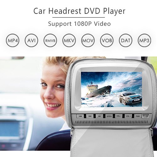 9 inch 1080P Car Headrest DVD Player Video Monitor with Leather Cover Zipper IR Wireless Headphones Games for Kids Road Trips Entertainment System (Touch Screen, Grey)