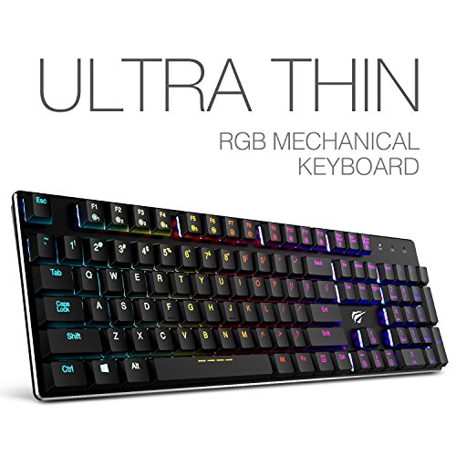 Mechanische Tastatur HAVIT RGB Hintergrundbeleuchtung Gaming tastatur (US Layout), extrem dünn und leicht, Kailh Neueste Low Profil-Tastatur (Blue Switches), Anti-Ghosting 104 Tasten mit USB-Kabel, Schwarz (KB395L)