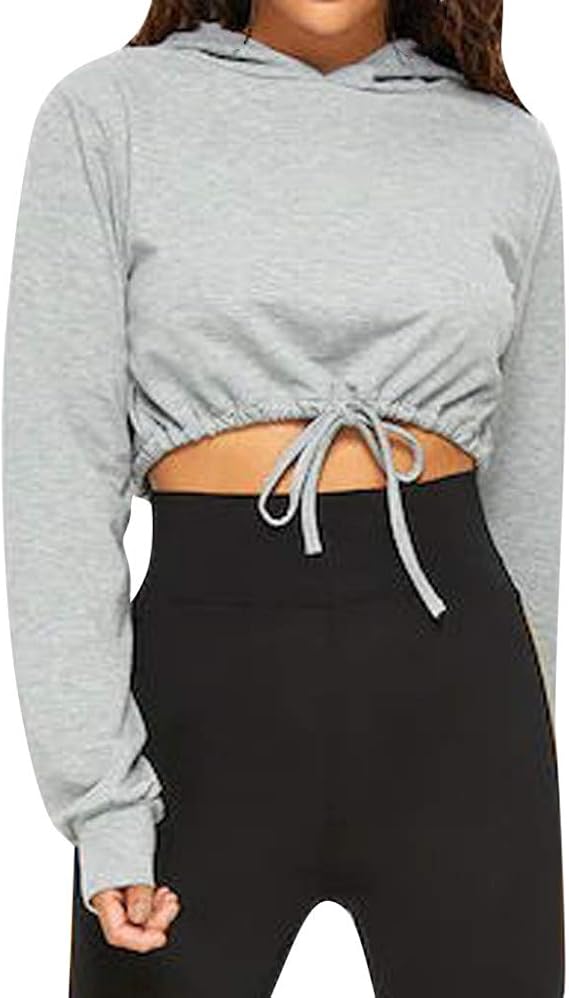 Gray Cropped Hoodies Rikay Women Casual Baggy Crop Tops Sweatshirts Waist Drawstring Hoody