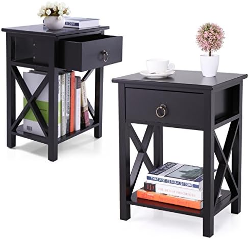 Set of 2 Wood Sofa End Bedside Table Night W/Drawer Storage Shelf Bedroom Black (Black)