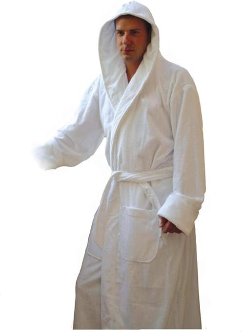 Spa & Resort White Terry Hooded Bathrobe. 100% Cotton, Full Length 52