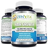 Hair Growth Vitamins with 10,000 mcg Biotin + 18 Hair Nourishing Vitamins, Help Address Deficiencies related to Hair Loss and Baldness*, Support Healthy Hair, Skin, and Nail*. 60 Veggie Capsules