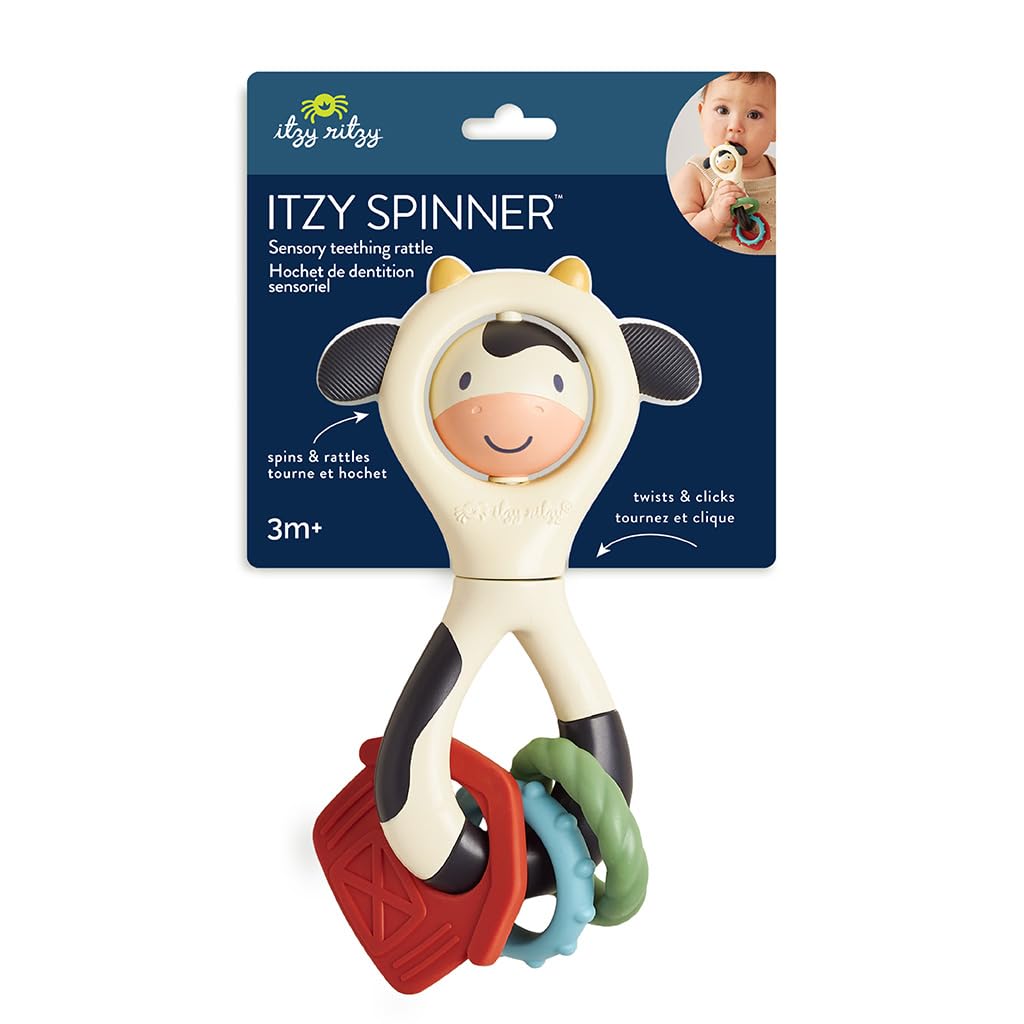 Itzy Ritzy Spinner Rattle Toy – Cow Design Sensory Teething Rattle Includes Spinning Face, Clicks, Rattles & Textured Teethers; Designed for Ages 3 Months and Up (Cow)