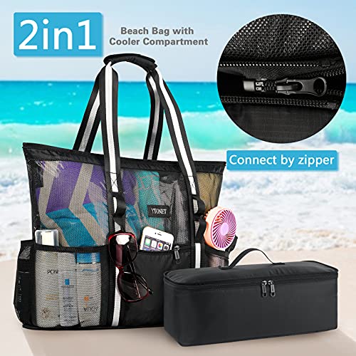 Beach Bag with Cooler, Mesh Beach Tote with Insulated Compartment for Women, Sandproof