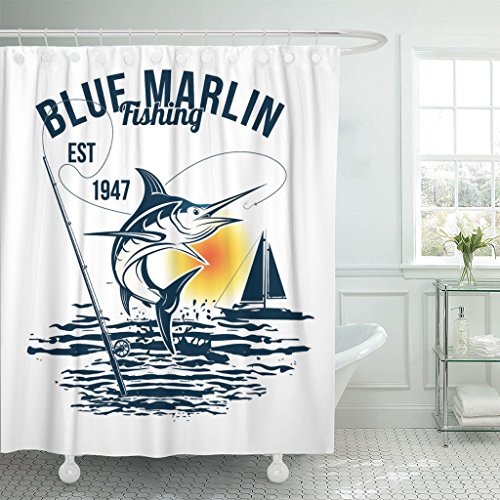 Tompop Shower Curtain Bass Blue Marlin Fishing Black Marline White