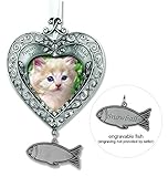 Cat Memorial Ornament - Heart Shaped Photo Ornament with Hanging Engravable Fish Charm - Pet Sympathy Gift - In Memory of Cat - Pet Memorial Gift