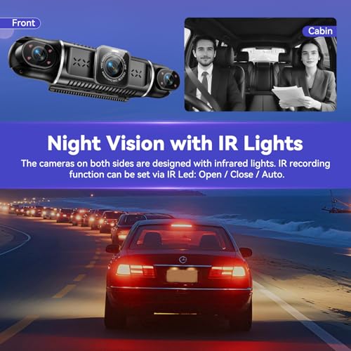 4K Dashcam Car Front Rear 4 Channel Dash Cam with 3 Inch IPS Screen, Free 64GB Card, Dashcam with Parking Monitoring, WDR Night Vision (8 IR LEDs), G-Sensor, Loop Recording, Wireless App Transmission