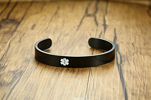 VNOX Personalized Medical Bracelet Medical Condition Alert ID Stainless Steel Cuff Bangle,Black/Silver/Gold Plated