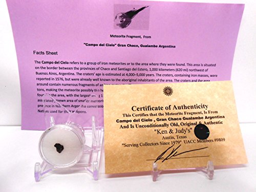 Genuine Campo del Cielo Meteorite Fragment from Gualamba,Argentina with Free Acrylic Display Stand, Meteor Fact Sheet & COA Bundle