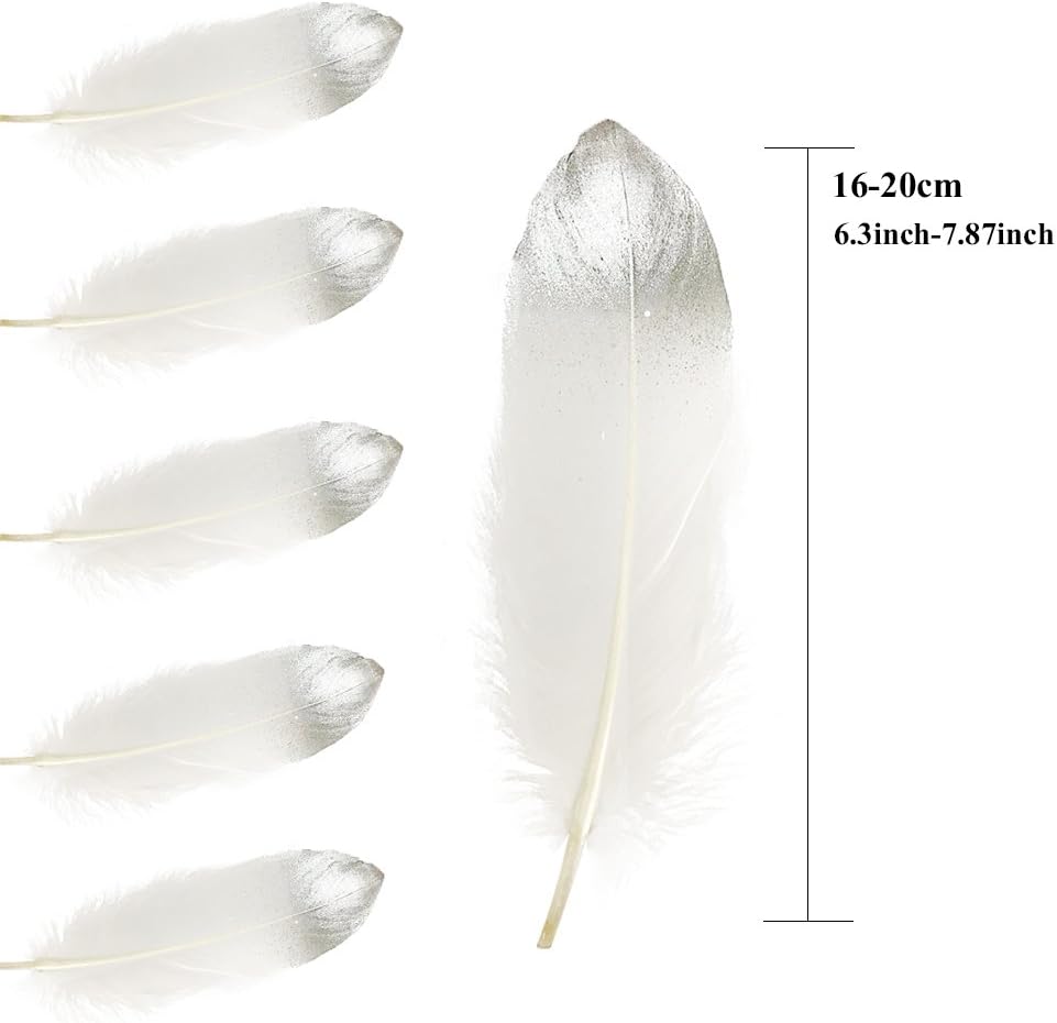 20 Pcs 6-7.5 inches Dipped Feathers Ostrich Feathers Mardi Gras Feathers Bulk Silver for Crafts Bulk Party Home Wedding Decorations Colorful Silver Dipped Feather in Bulk (Silvery-White)