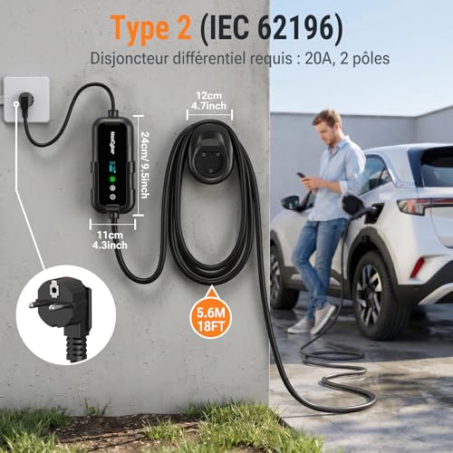 NexCyber 3.68kW Mobile Electric Car Charger with App & OLED, 5.6M Single Phase 230V, 8-16A Adjustable, CEE 20A Socket 2 Pole IP66+FI, Type 2, Wall & Portable, for Model 3/Y, ID.3, etc. BEV/PHEV