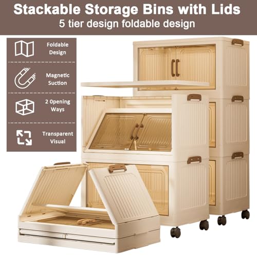 Cestbella Stackable Storage Bins with Lids, 5 Tier Storage Cabinet with Wheels Dual Opening Storage Box, Collapsible Closet Organizer Foldable Clothes Snacks Toys Book Container Case 42x26x108cm
