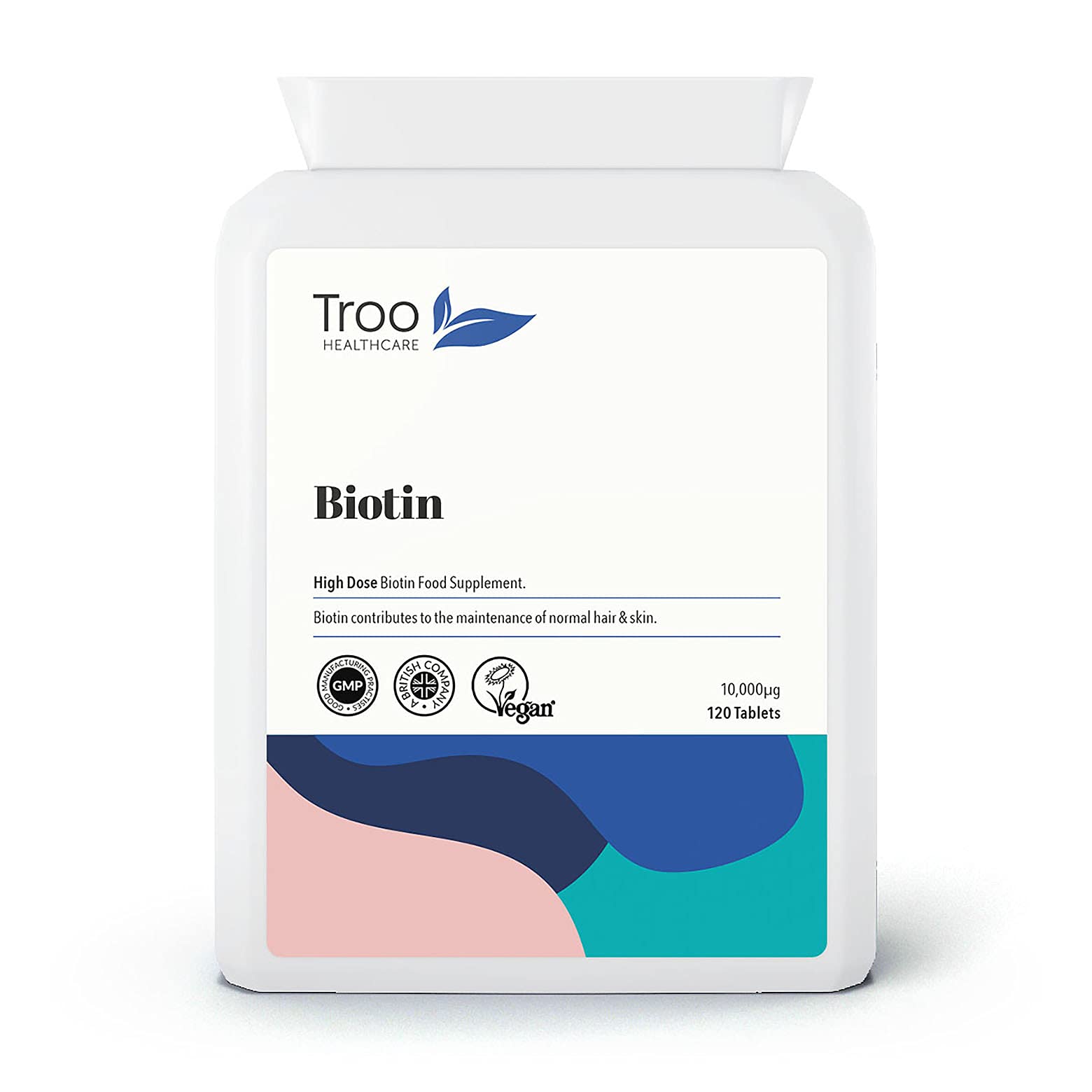 Troo Health Care Biotin 10000µg Supplement - 120 High Strength 10000 mcg Vitamin B7 Tablets for Hair Skin and Nail Support - UK Manufactured to GMP Standards - 4 Month Supply