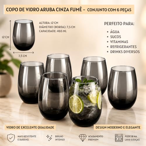 Jogo de Copos Long Drink Aruba 465ml Cinza Fumê em Vidro – Kit com 6 Peças Elegantes para Água, Suco e Drinks