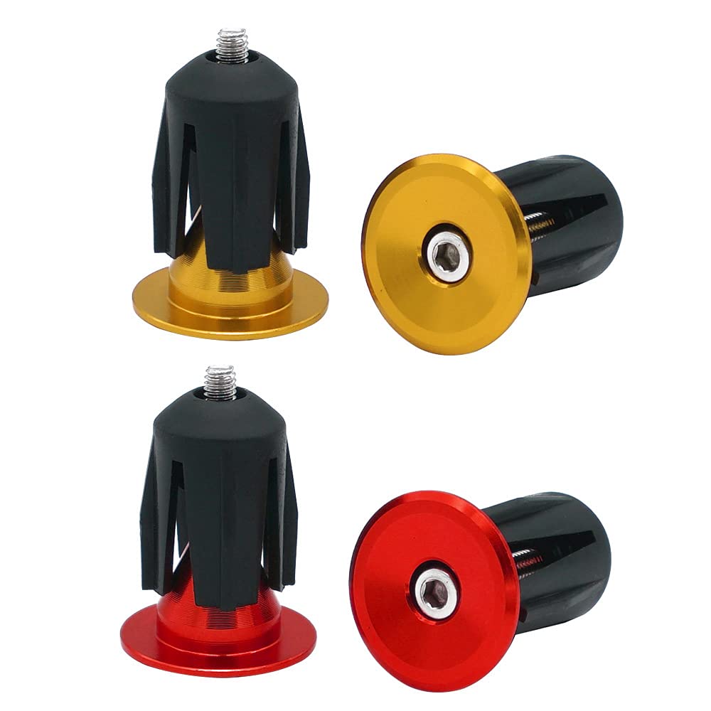 QitinDasen 2 Pairs Bike Handlebar End Plugs, Aluminum Bicycle Bar End Caps, for Road Bike, MTB, BMX (Golden + Red)