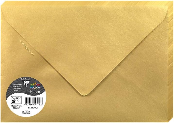 Clairefontaine 51200C Gold Iridescent Paper Pack of 20 Gummed Envelopes C5 (16,2x22,9cm) 120gsm Invitation Events Correspondence Pollen Range Premium Smooth