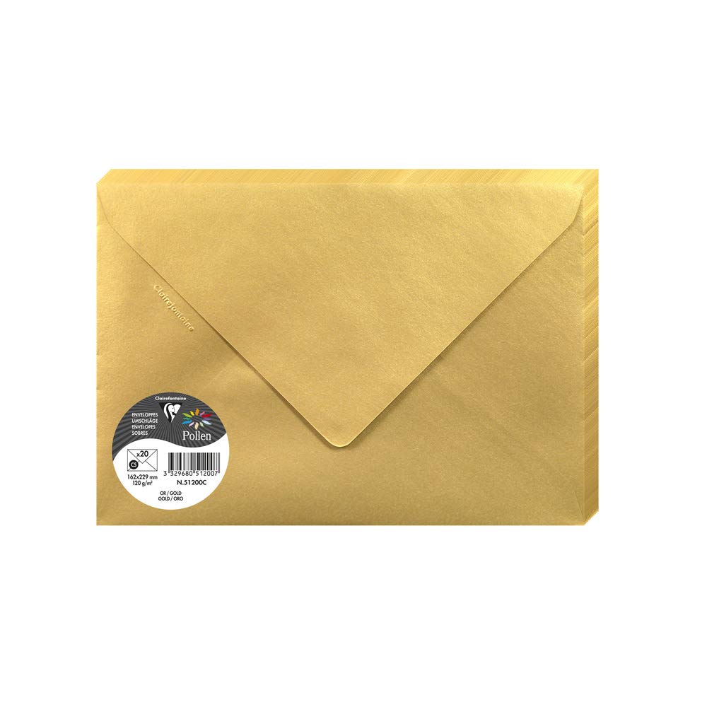 Clairefontaine 51200C Gold Iridescent Paper Pack of 20 Gummed Envelopes C5 (16,2x22,9cm) 120gsm Invitation Events Correspondence Pollen Range Premium Smooth