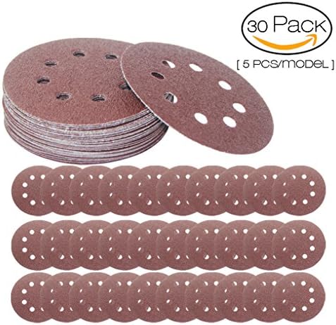 Sanding Discs Sandpaper, 30 Pcs 5 Inch 8 Hole Hook and Loop sanding sheets 40/60/80/120/180/240 Grit Sandpaper Assortment For Power Random Orbit Sander