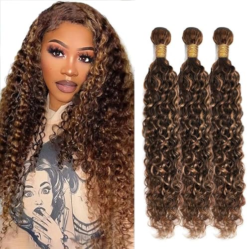 Photo 1 of Ailabi P4/30 Brazilian Human Hair Bundles Highlight Chocolate Brown 20 22 24 Inch Water Wave Bundles Human Hair 11A Unprocessed Virgin Quick Weave Hair for Black Women