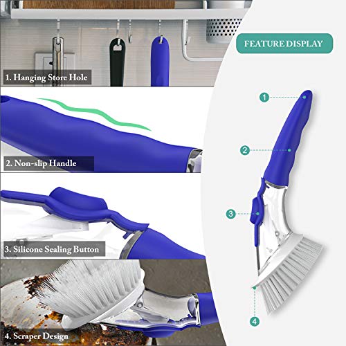 Soap Dispensing Dish Brush, Tearcam Kitchen Dish Cleaning Brush Pot Scrubber Cleaner with Non-slip Handle, Extra 2 Sponge Brush Heads