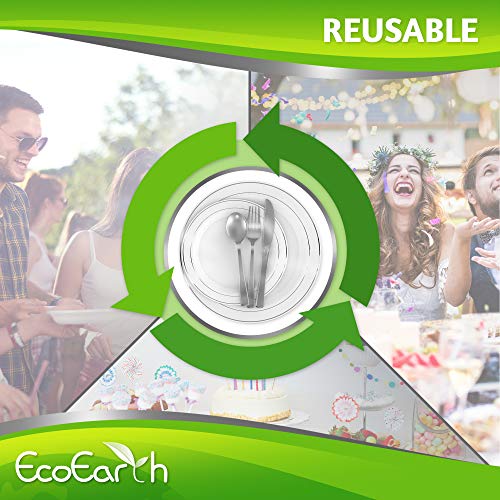 EcoEarth Silver Plates & Plastic Silverware & Gold Cups, Disposable Dinnerware 150 Pieces Includes: 25 Dinner Plates, 25 Dessert Plates, 25 Tumblers, 25 Forks, 25 Knives, 25 Spoons - Thumbnail 4