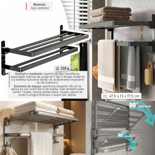 Toalheiro Duplo com Prateleira de Aço para Banheiro Porta Toalha de Parede | Suporte para Toalhas de Luxo Moderno, Resistente à Umidade | Instalação Parafusada ou Adesiva | Preto/Cinza Escuro