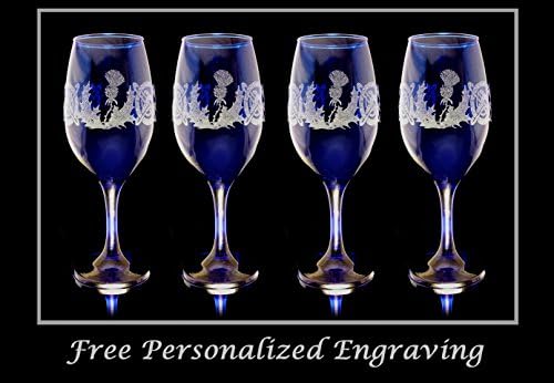 Scottish Thistle Cobalt Blue Wine Glass Set of 4 - Free Shipping &amp; Personalized Engraving