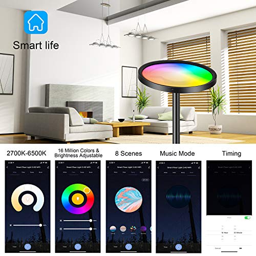 Wixann Smart Led Floor Lamp - WiFi Torchiere Floor Lamp Work with Alexa Google Home, 2000LM Super Bright Dimmable Color Changing Modern Standing Lamp for Living Rooms Bedroom Offices - Black
