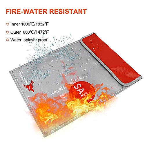 Fireproof Money Safe Document Bag 15" x 11" Non-Itchy Silicone Coated Fire Resistant Waterproof Money Bag Safe Storage for Money, Documents, Jewelry and Passport