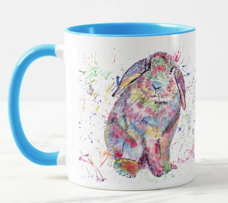Vixar Lop Rabbit Bunny Eared Watercolour Rainbow Art Coloured Mug Cup Gift Birthday Easter Work Office Christmas Tea Coffee (L Blue)