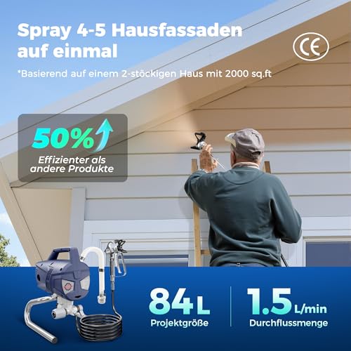 TurboVolt High Performance Airless Paint Spray System, 3300PSI 1010W Airless Paint Sprayer, 1.5L/min, 7.5 m Hose, with Extension Rod and Clog Protection for Indoor and Outdoor Walls, Fences, Roofs