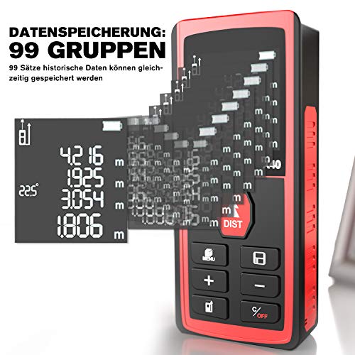 Laser Entfernungsmesser 60m mit Elektronischer Winkelsensor, LCD Hintergrundbeleuchtung, Pythagoras/Abstand/Fläche/Volumen Messungen(0,05~60m/±2mm, m/in/ft/ft+in, 99 Datenspeicherung)